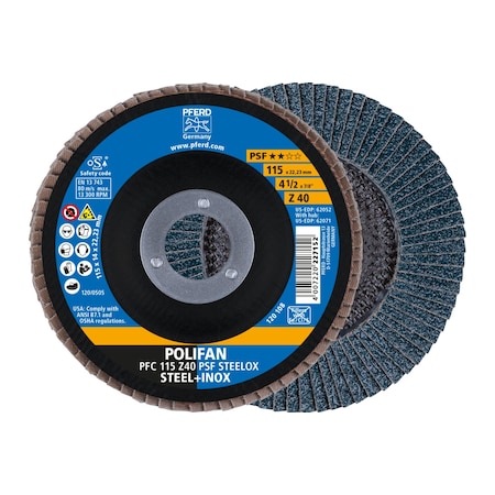 4-1/2 X 7/8 A.H. POLIFAN® Flap Disc - Z PSF STEELOX, Zirconia, 40 Grit, Conical